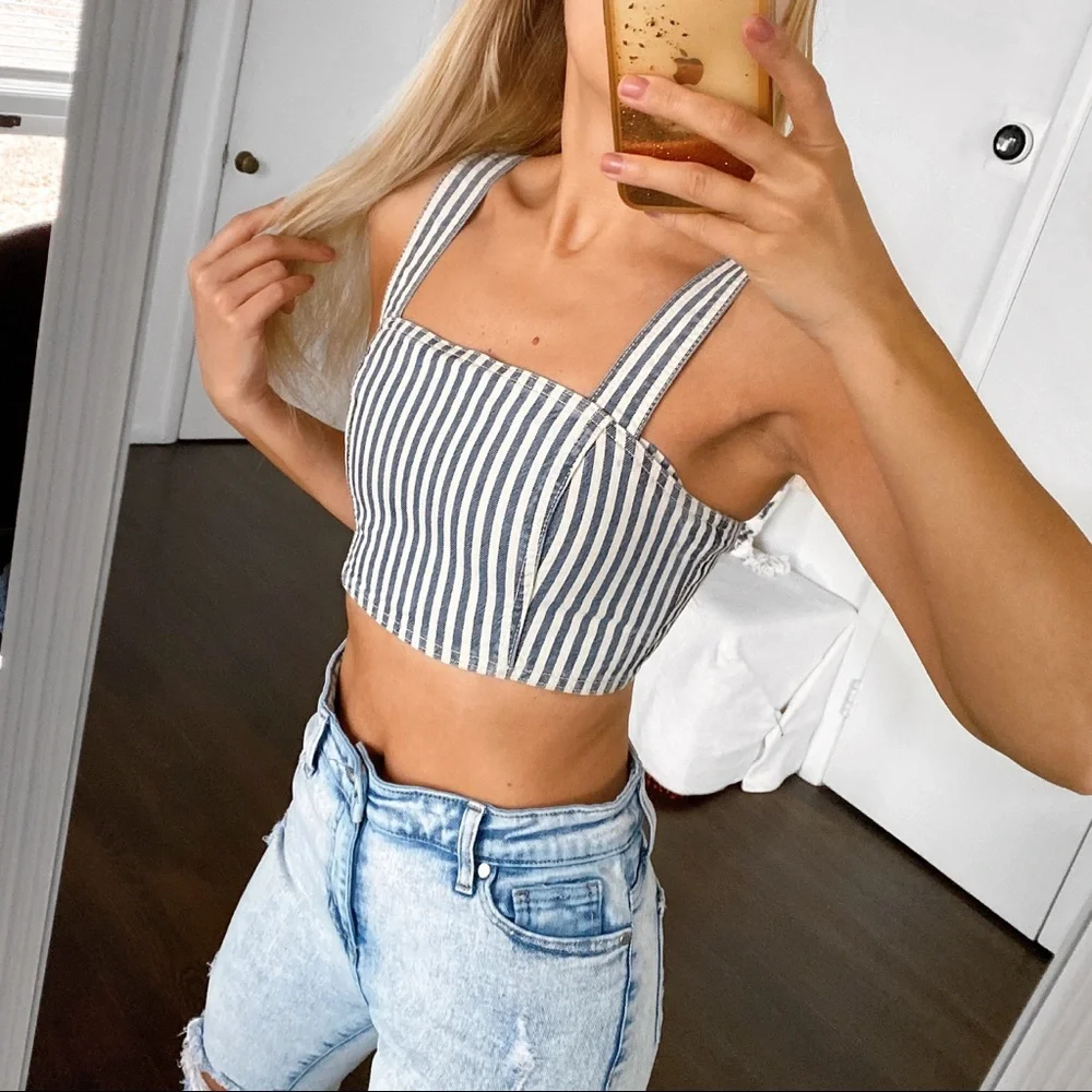 💙 ZARA BLUE IVORY STRIPE DENIM CROP TOP! - Picture 4 of 13